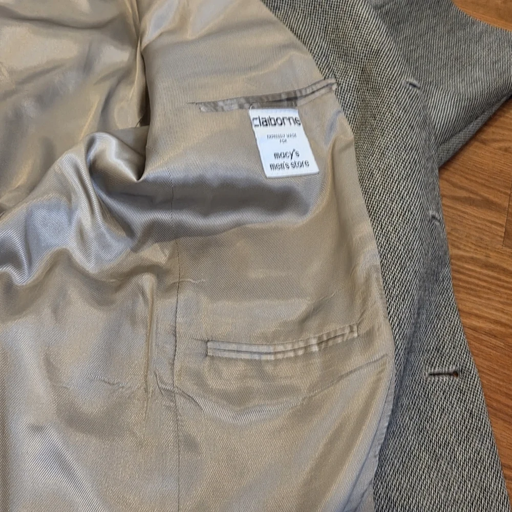 VTG Tweed Jacket L Black Beige Herringbone 100% Lambs Wool Blazer Sport Coat 44R - Picture 10 of 16